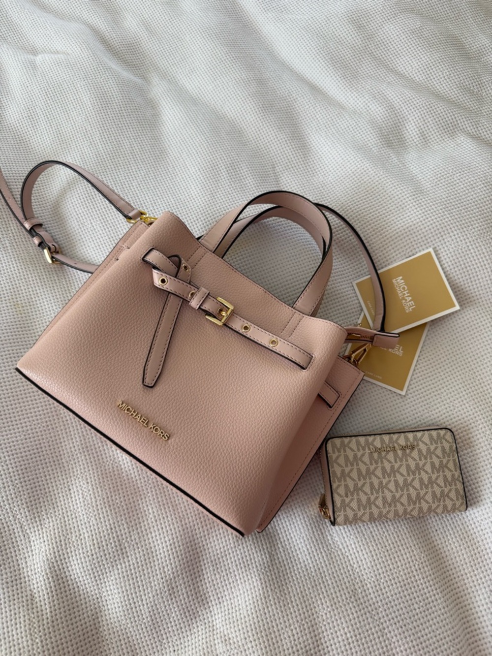Michael Kors Blush Pink Pebbled Leather Satchel with Gold Hardware and Wallet